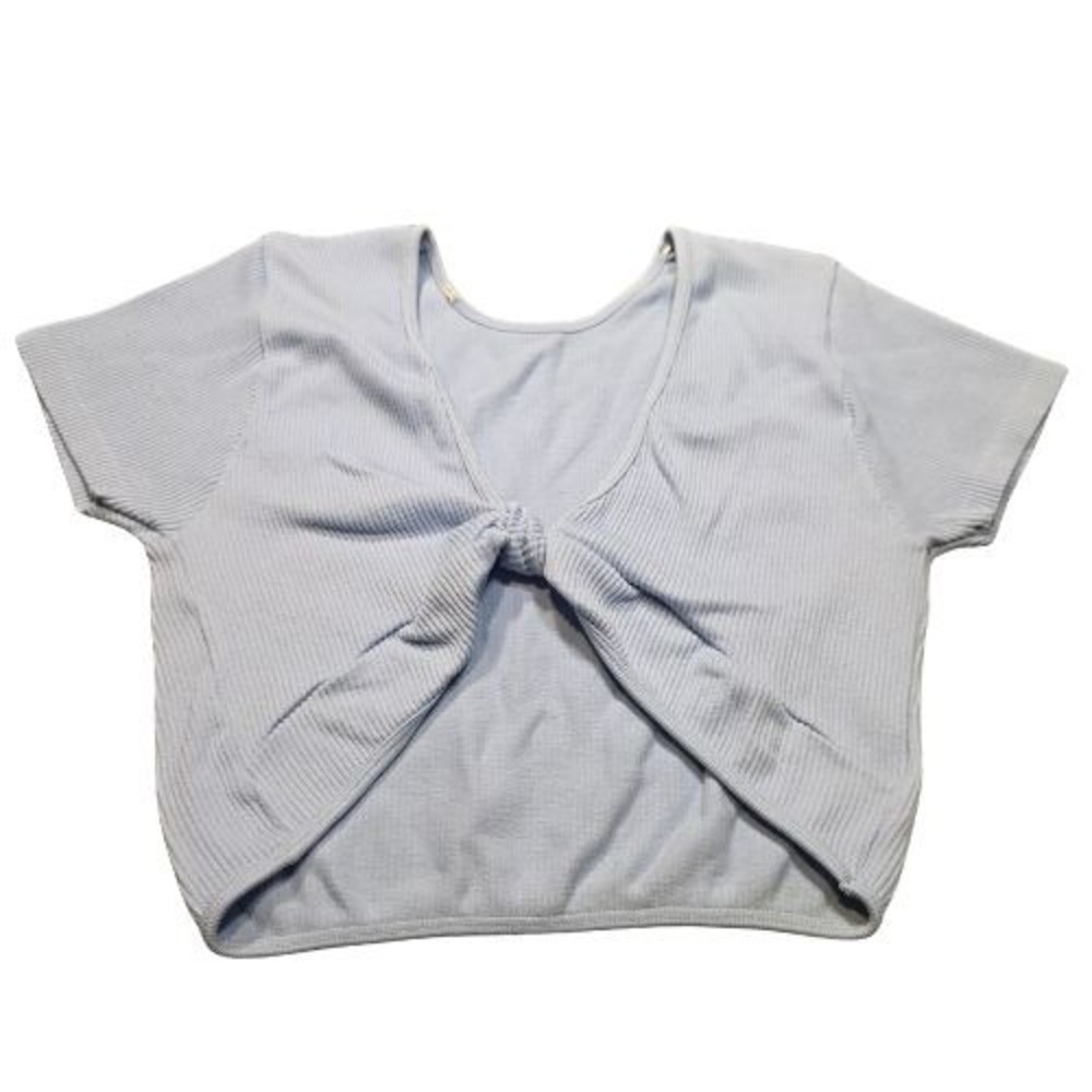 Light Blue Ribbed Knit Reversible Twist Front Crop Top Short Sleeve Soft Girl